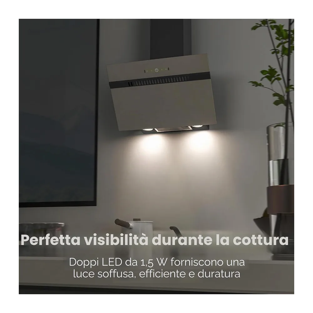 FIREGAS Cappa Inclinata 60 cm, 684 m³/h, 9 Vel, Touch/Gesti, A+++, Grigio [Classe di efficienza energetica — 6