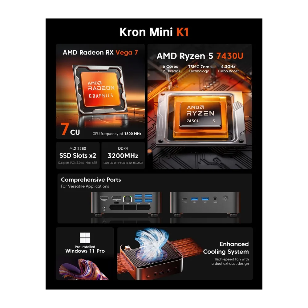 ACEMAGIC K1 Mini PC con AMD Ryzen 5 7430U(Fino a 4.3GHz),16GB RAM 512GB SSD — 5