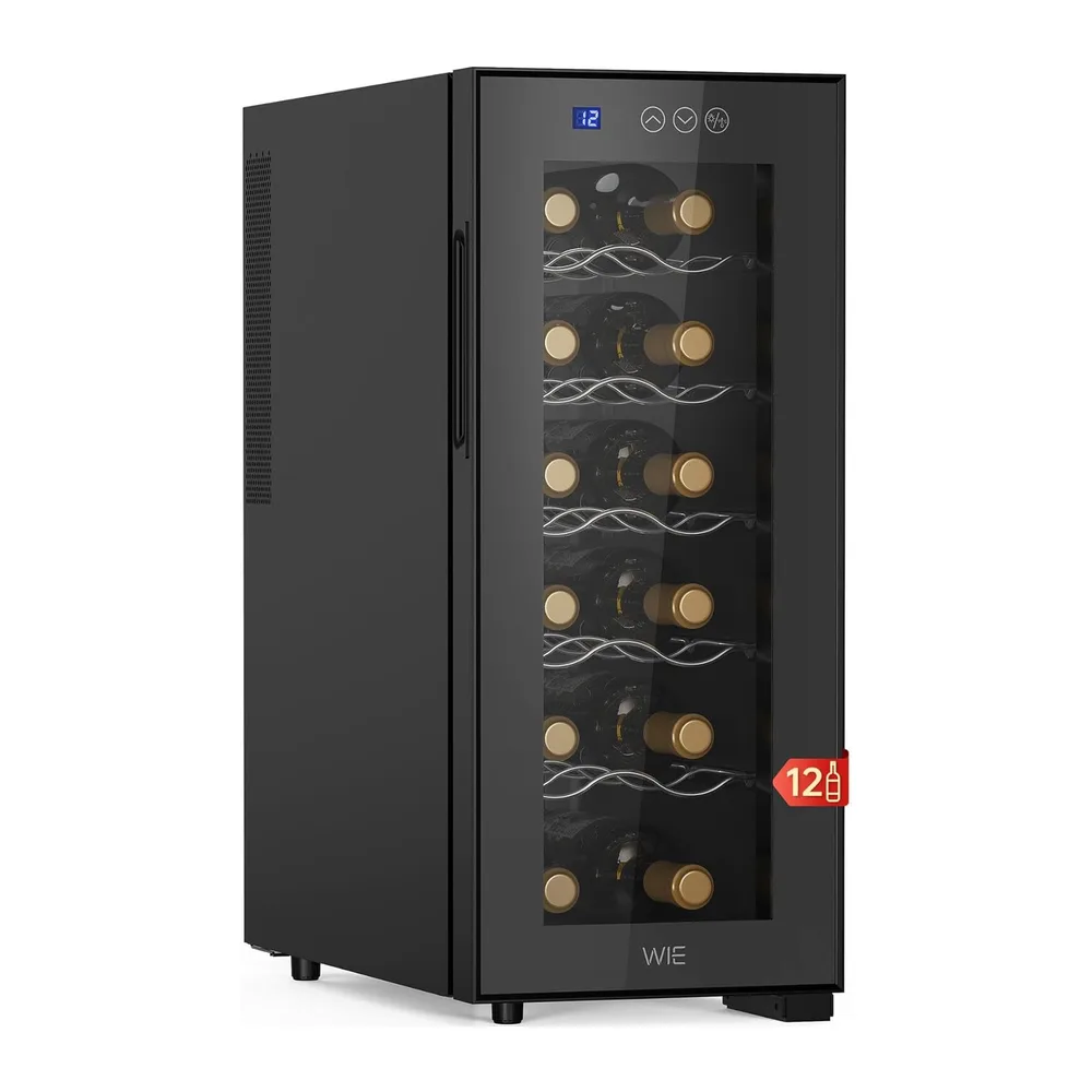 WIE Cantinetta Vino 12 Bottiglie, Raffreddamento Termoelettrico, Cantina Vino con LED Schermo tattile, Porta