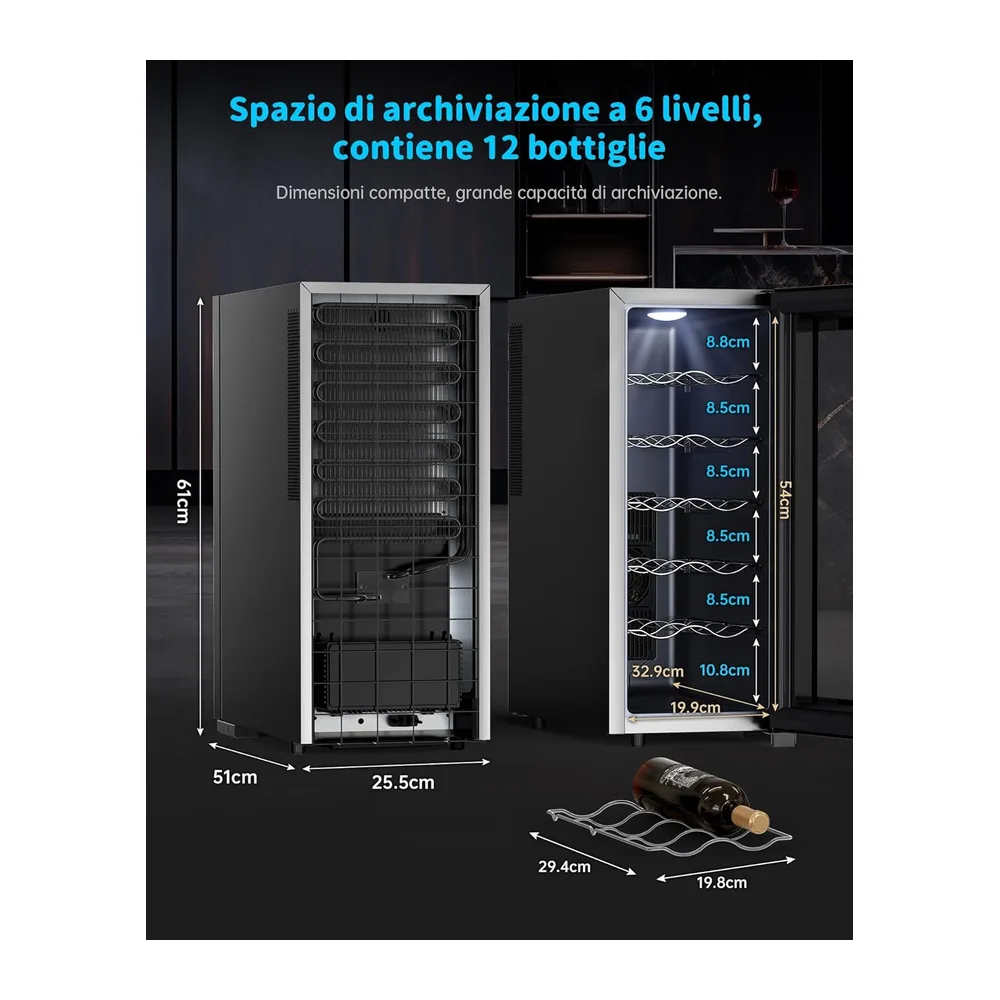 WIE Cantinetta Vino 12 Bottiglie, Raffreddamento Termoelettrico, Cantina Vino con LED Schermo tattile, Porta — 2