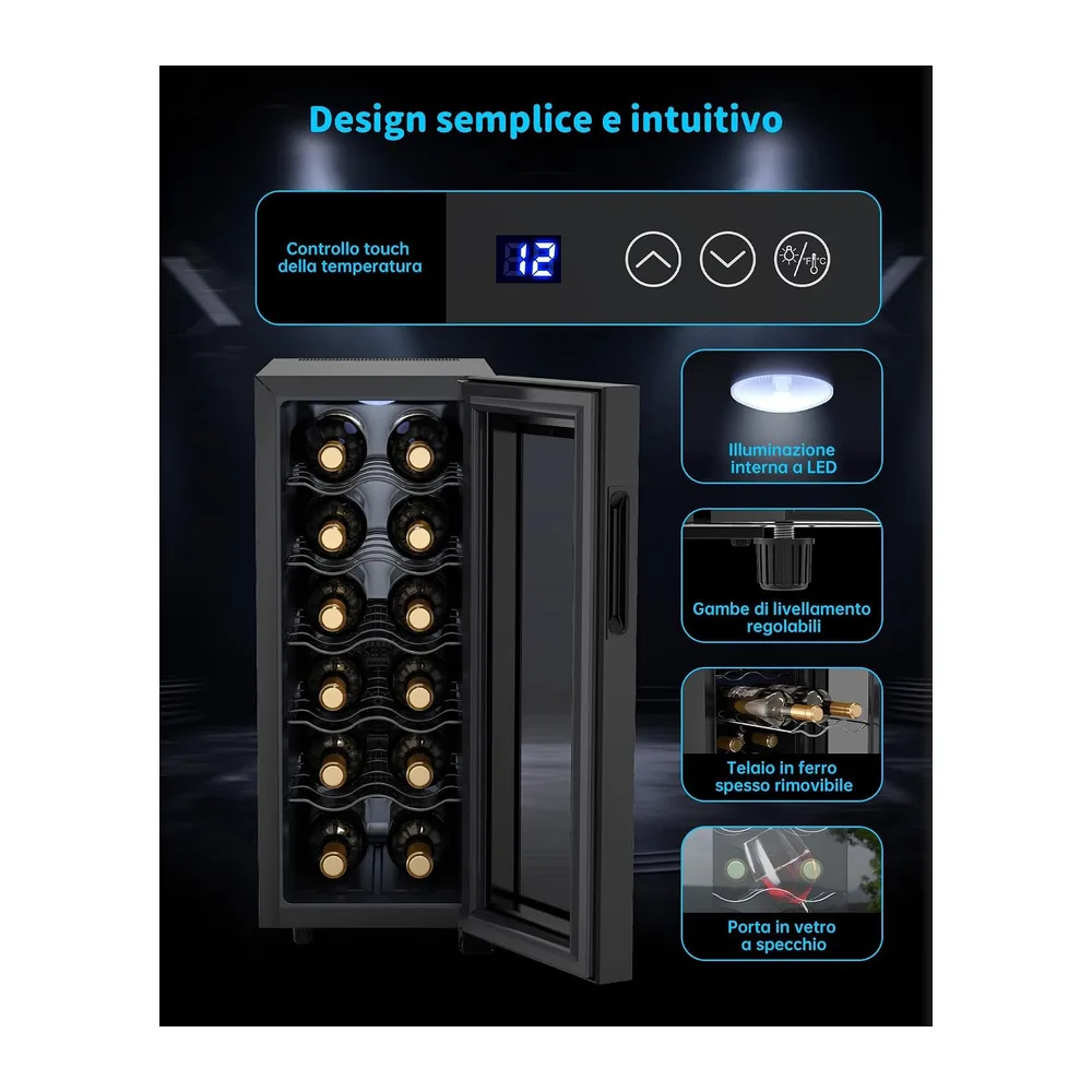 WIE Cantinetta Vino 12 Bottiglie, Raffreddamento Termoelettrico, Cantina Vino con LED Schermo tattile, Porta — 3