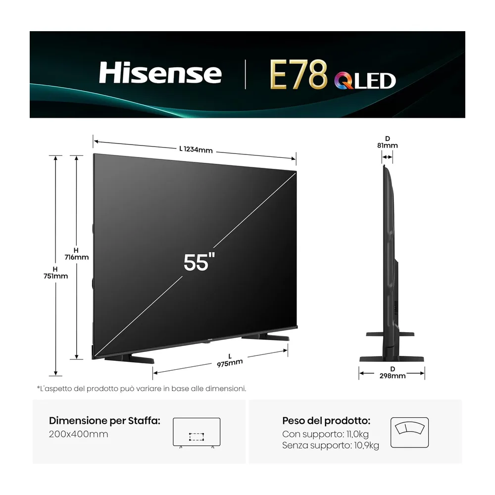 Hisense TV 55" QLED 4K 2025 55E78Q, Smart TV VIDAA U8, Dolby Vision, HDR 10+, Game Mode Plus, Dolby Atmos, — 2