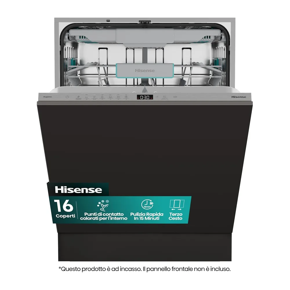 Hisense HV16C - Lavastoviglie Classe C, 16 coperti, terzo cesto, 43db, 6 programmi, partenza ritardata, total