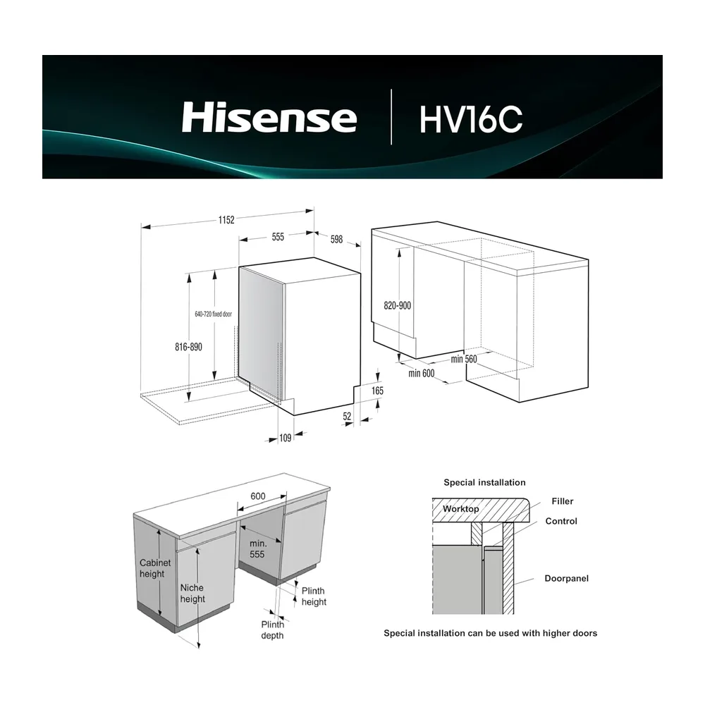 Hisense HV16C - Lavastoviglie Classe C, 16 coperti, terzo cesto, 43db, 6 programmi, partenza ritardata, total — 2