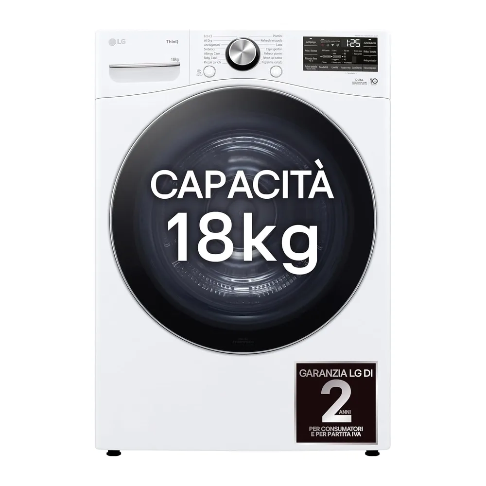 LG RH18U8AVCW Asciugatrice Smart 18kg, Classe A+++, Pompa di Calore DUAL Inverter, Motore Direct Drive,