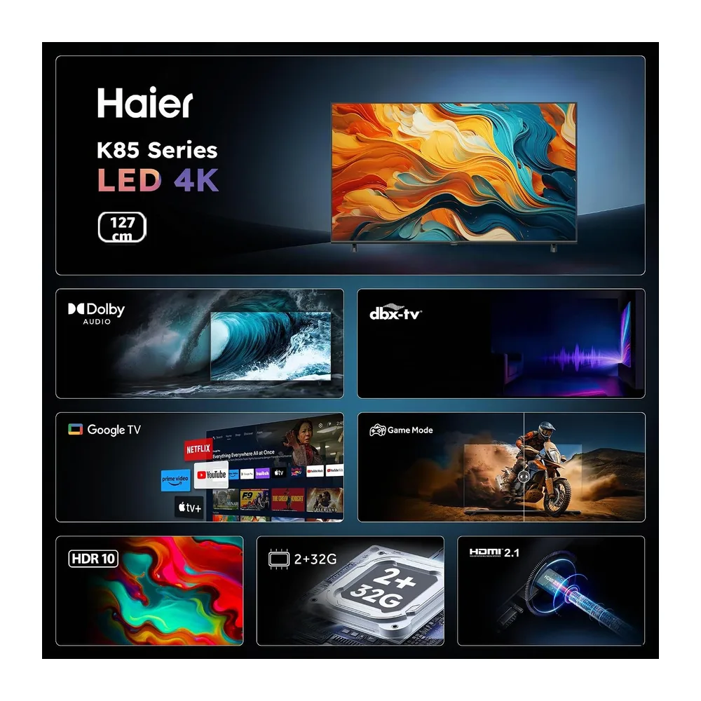 Haier LED 4K UHD H50K85FUX 50" Smart TV, Google TV, Dolby Audio, HDR 10, Google Assistant, Bluetooth 5.1, DBX — 3