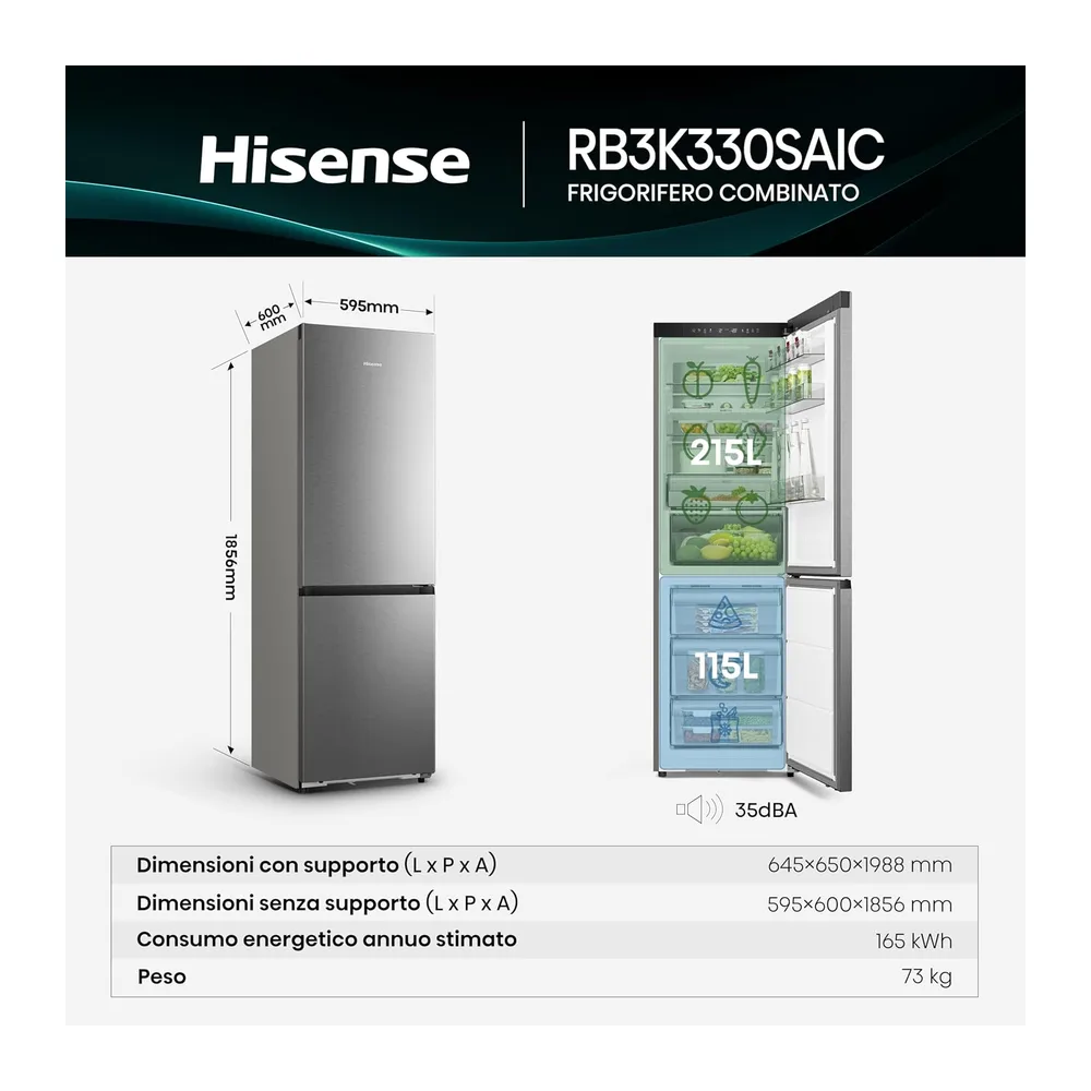 Hisense RB3K330SAIC - Frigorifero Combinato Total No Frost, Capacità di 330 Litri, Ridotta profondità, Deep — 2