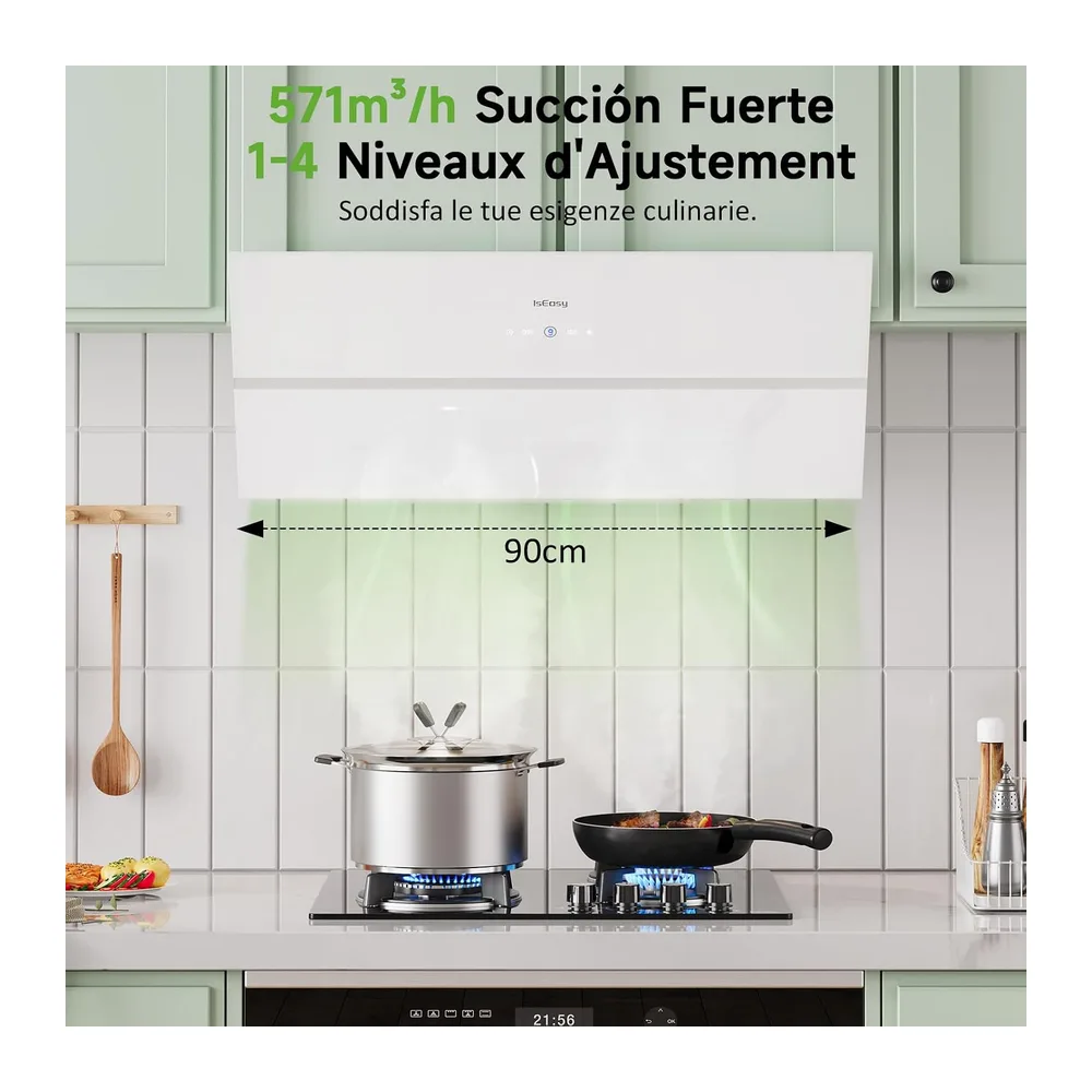 Cappa Aspirante 90 cm, IsEasy Cappa 90 cm, 571 m³/h Forte Aspirazione, 4 Livelli, Ritenitore di Pannello, — 2