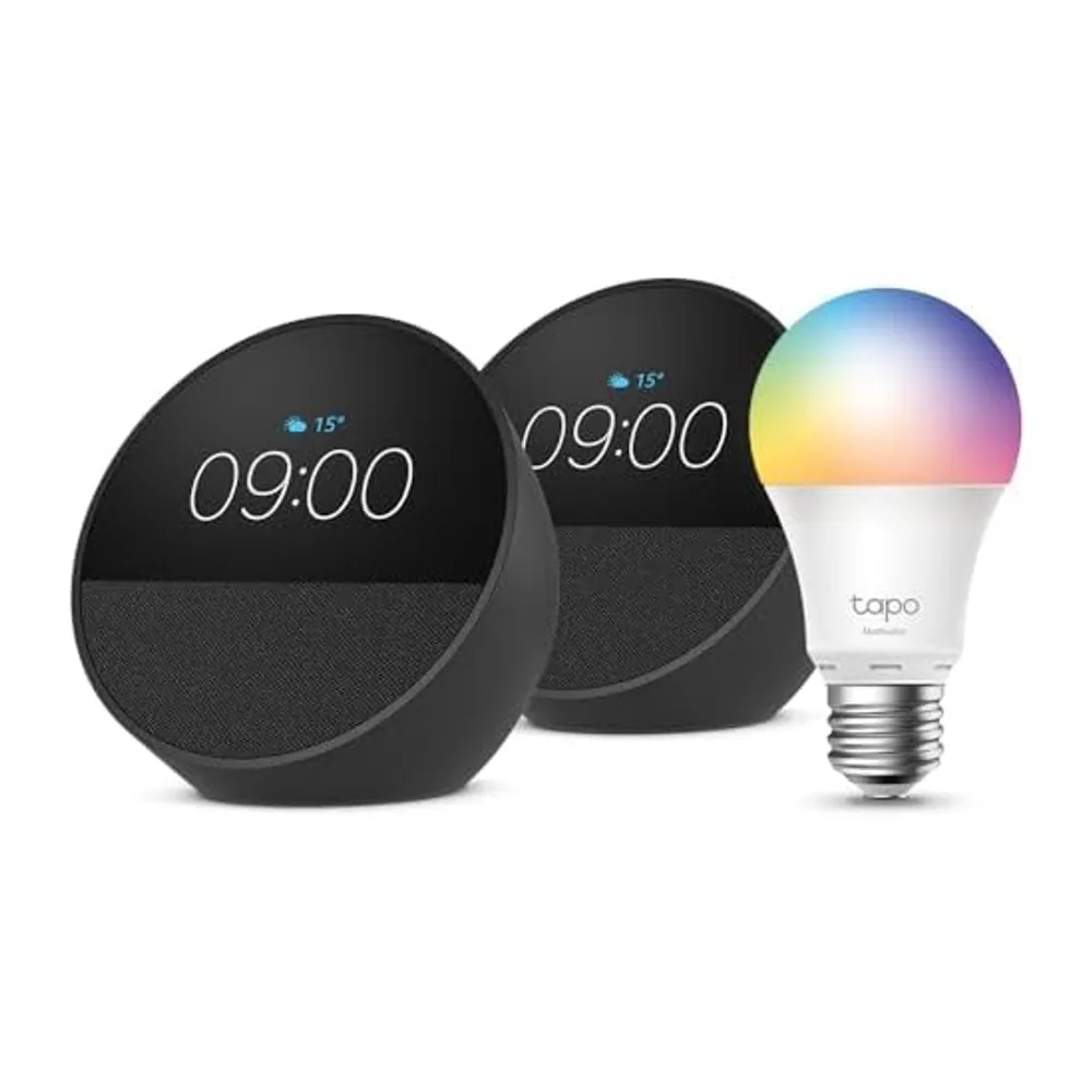 Echo Spot | Nero, 2 pezzi + Tapo L530EA Lampadina LED Smart (E27), Compatibile con Alexa - Kit di base per