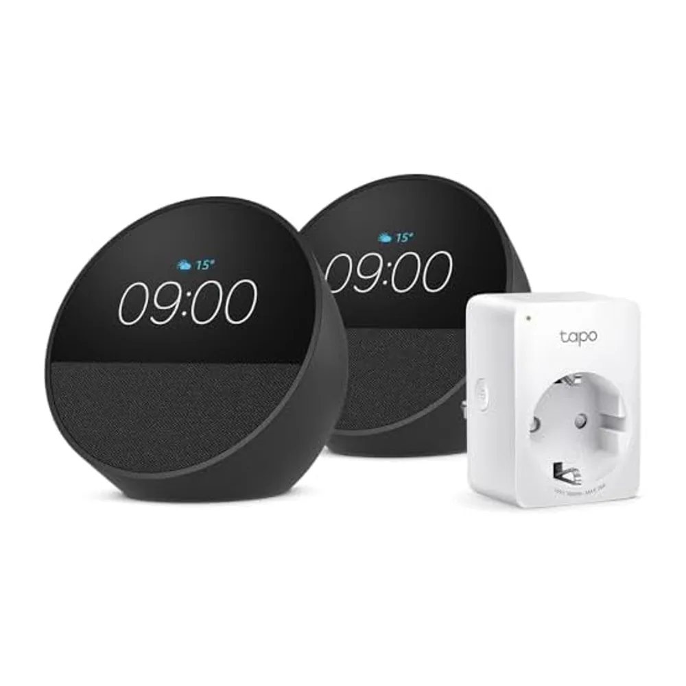 Echo Spot | Nero, 2 pezzi + Tapo Presa Smart Alexa, WiFi Intelligente, Compatibile con Alexa - Kit di base