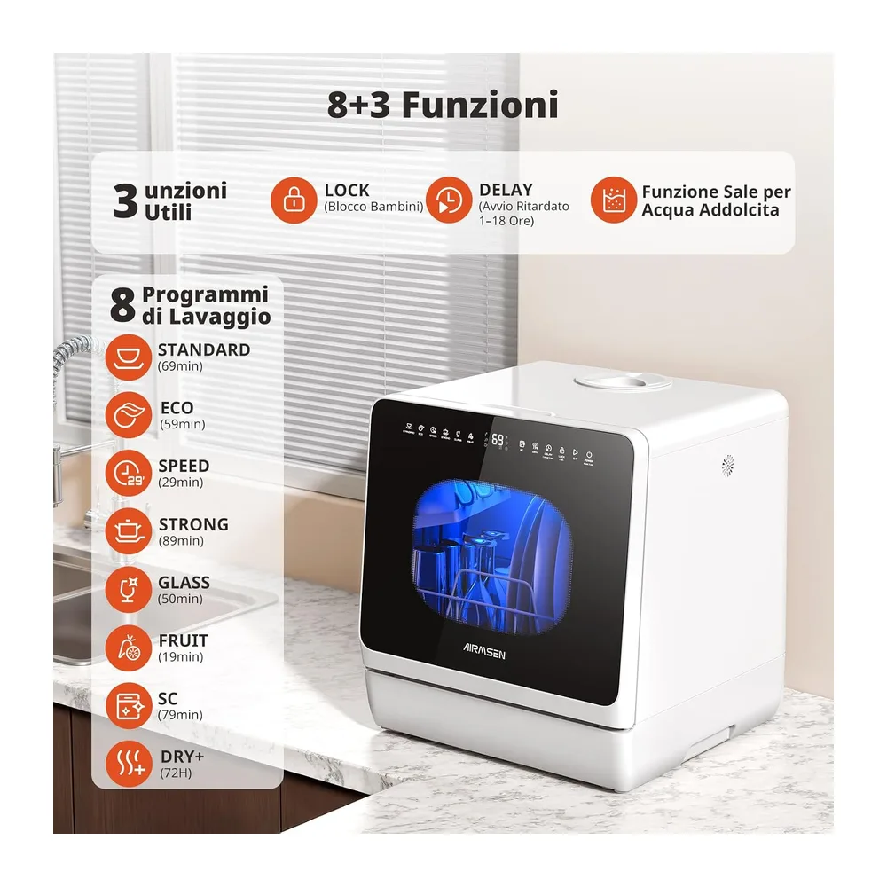 AIRMSEN Mini Lavastoviglie da Tavolo, lavastoviglie portatile da 5L, 8+3 Programmi, Avvio Ritardato 1–18 h, — 2