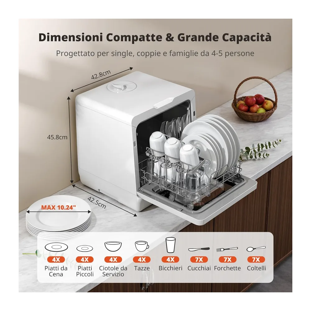 AIRMSEN Mini Lavastoviglie da Tavolo, lavastoviglie portatile da 5L, 8+3 Programmi, Avvio Ritardato 1–18 h, — 5