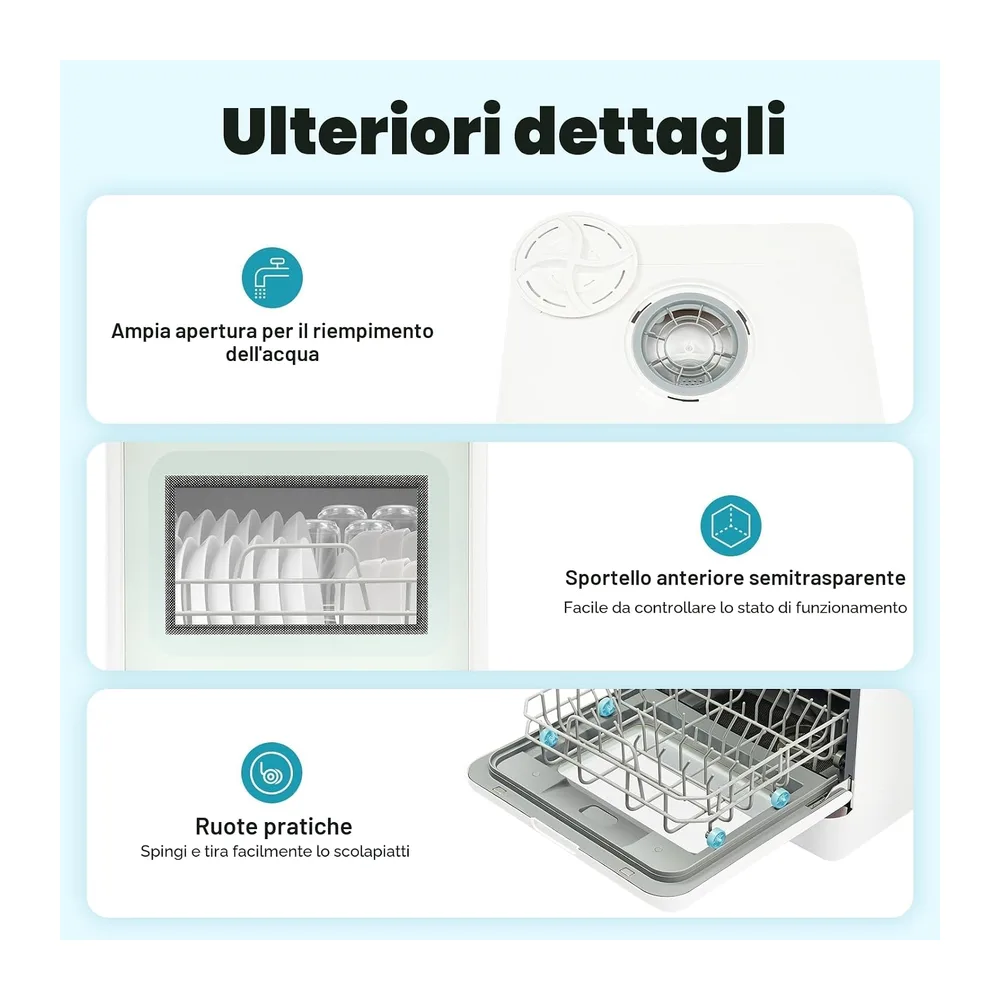 Mini lavastoviglie da 800 W, lavastoviglie da tavolo con 6 programmi e serbatoio dell'acqua da 6 l, — 3