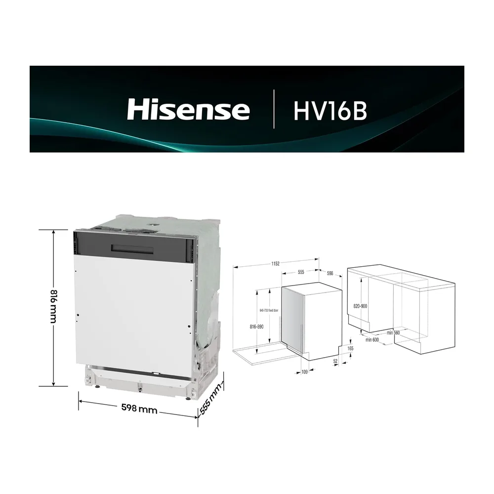 Hisense HV16B, Lavastoviglie integrata, Classe B, 16 Coperti, 40db, 8 programmi, controllo touch, fast — 2