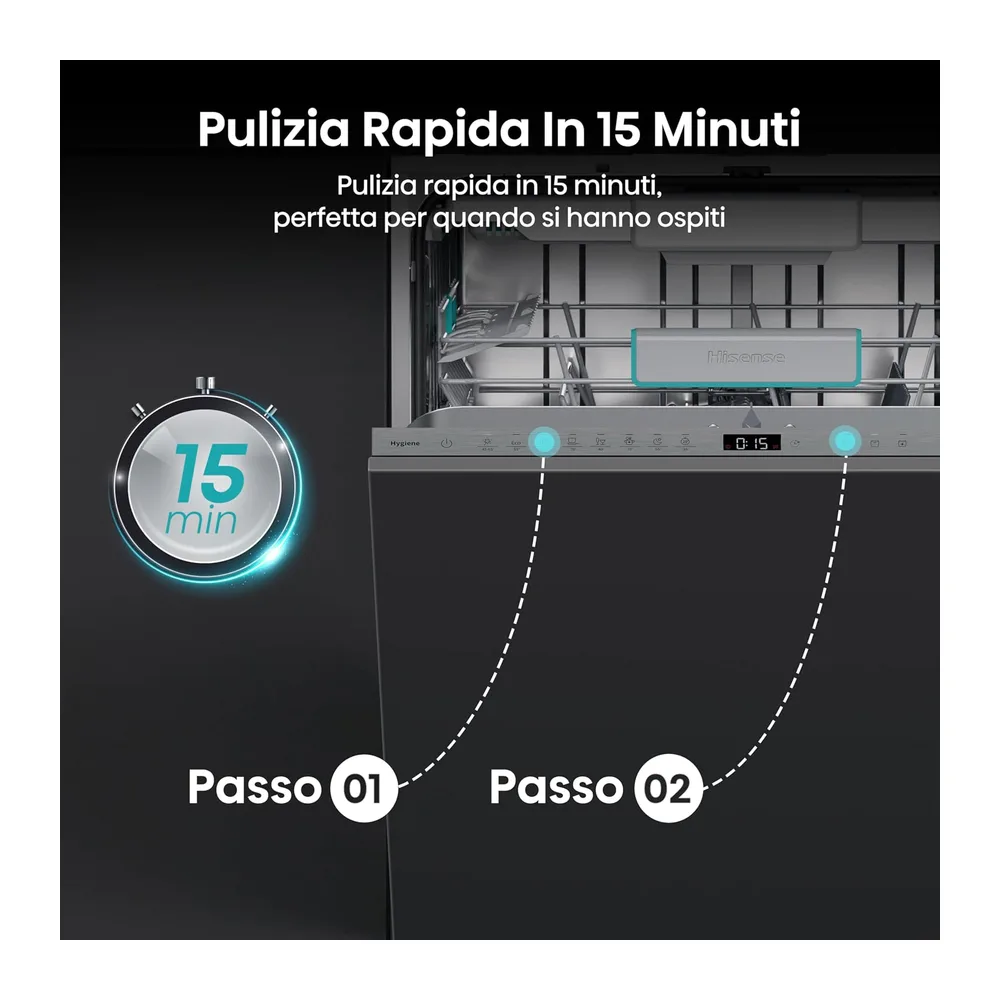 Hisense HV16B, Lavastoviglie integrata, Classe B, 16 Coperti, 40db, 8 programmi, controllo touch, fast — 5