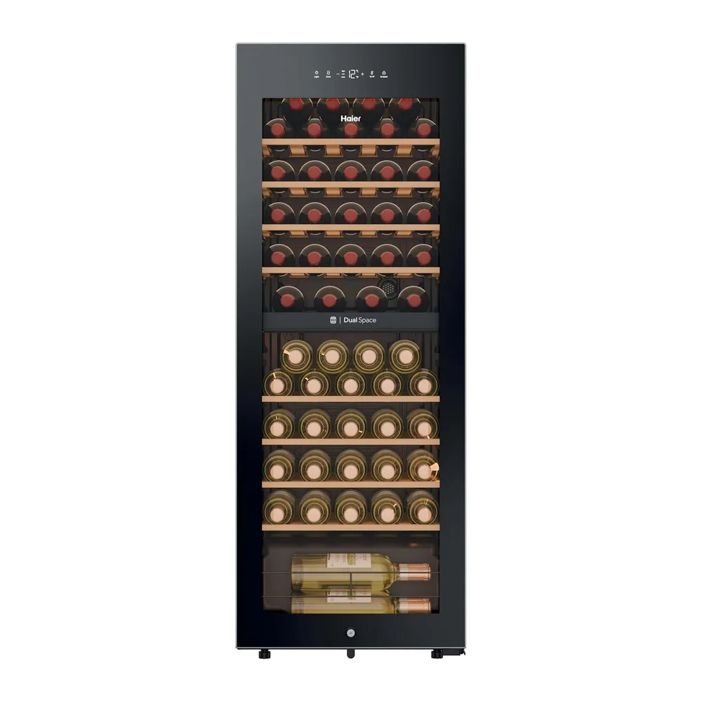 Haier Wine Bank 50 Series 5 HWS56GDG - Cantinetta per 56 bottiglie, 2 zone indipendenti, ripiani in legno,