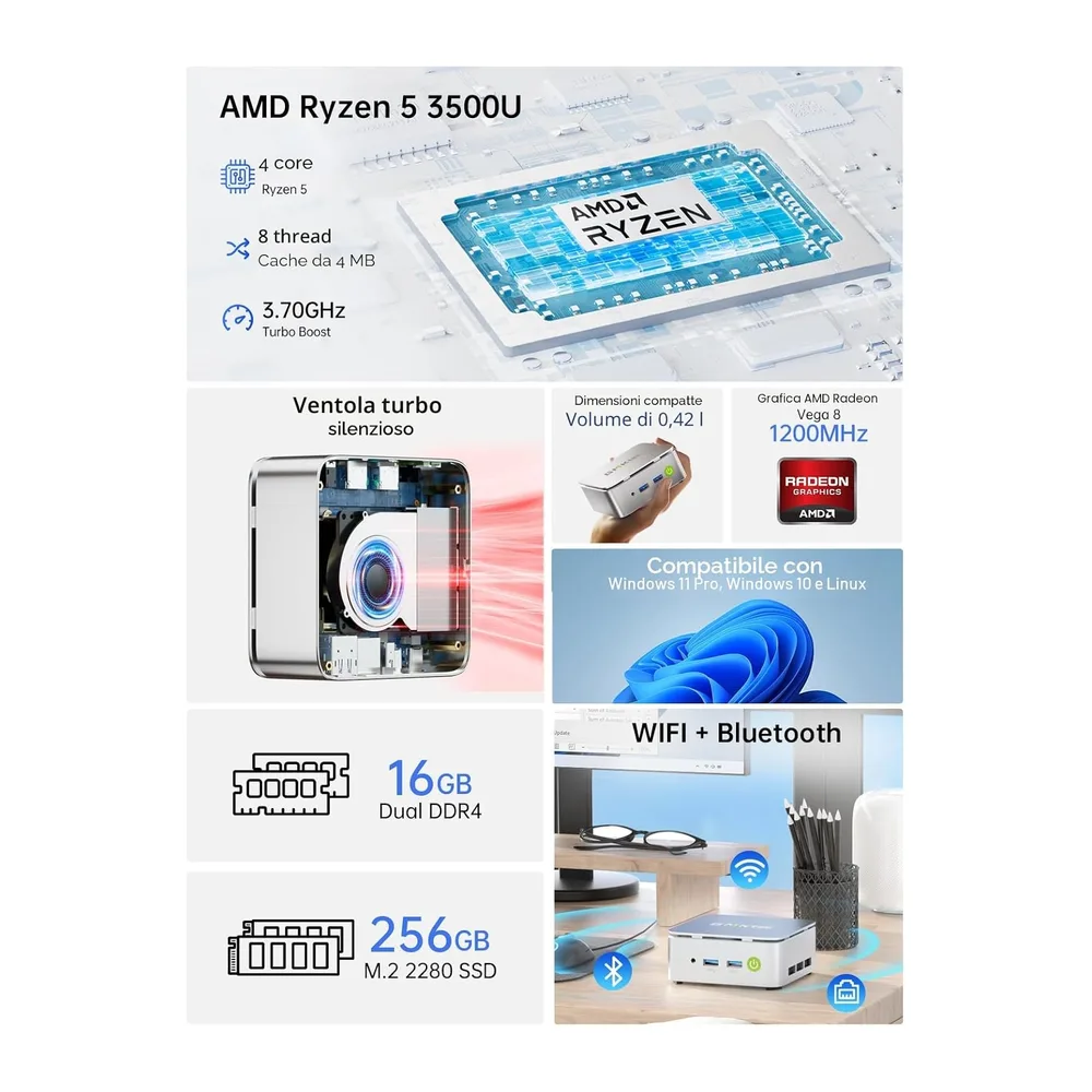 GMKtec Mini PC Ryzen - AMD Ryzen 5 3500U (4C/8T, 4.5GHz) | NucBox G10 | 16 GB DDR4 + 256 GB SSD | Win 11 Pro — 2
