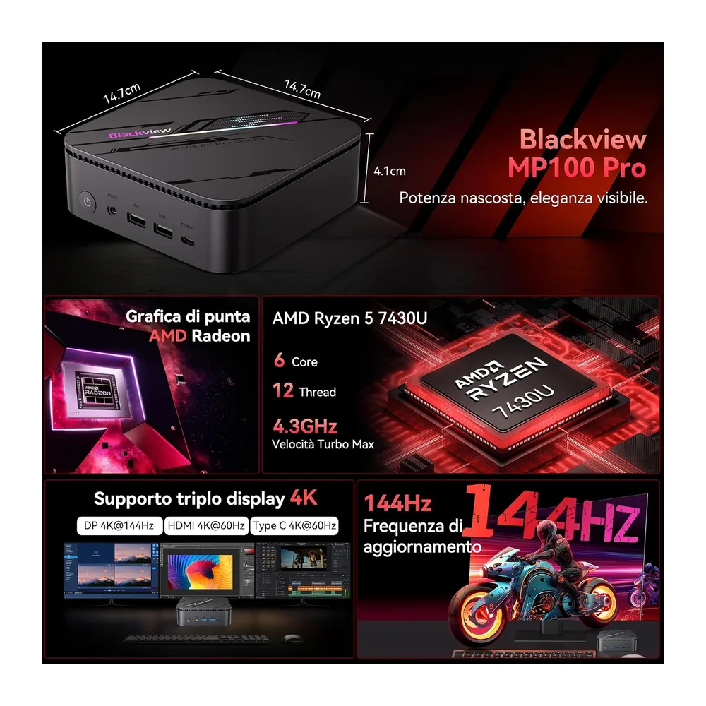 Blackview MP100Pro Mini PC (2026), AMD Ryzen 5 7430U, Win 11 Pro Mini Computer 16GB (ultra-veloce 3733 MT/s) — 2