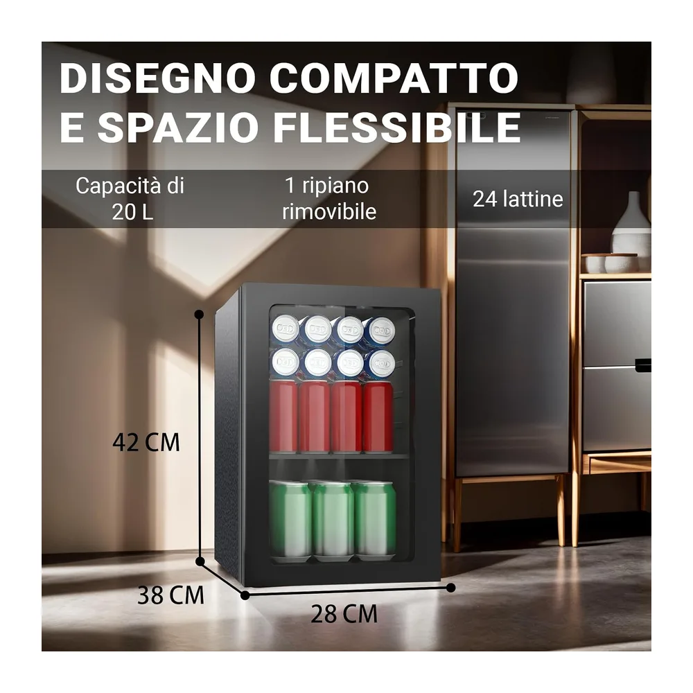 Frigorifero per bevande, 24 lattine/20 litri, mini frigorifero con porta in trasparente per birra o vino, — 6