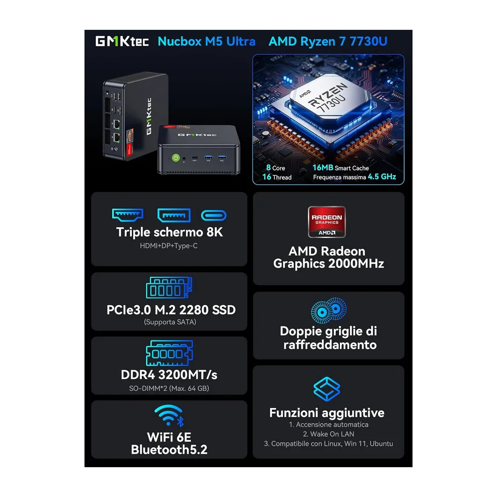GMKtec AMD Ryzen 7 Mini PC W-11 Pro 7730U(Aggiornato 7430U/ 5825U) (8 C/16 T 4,50 GHz) — 2