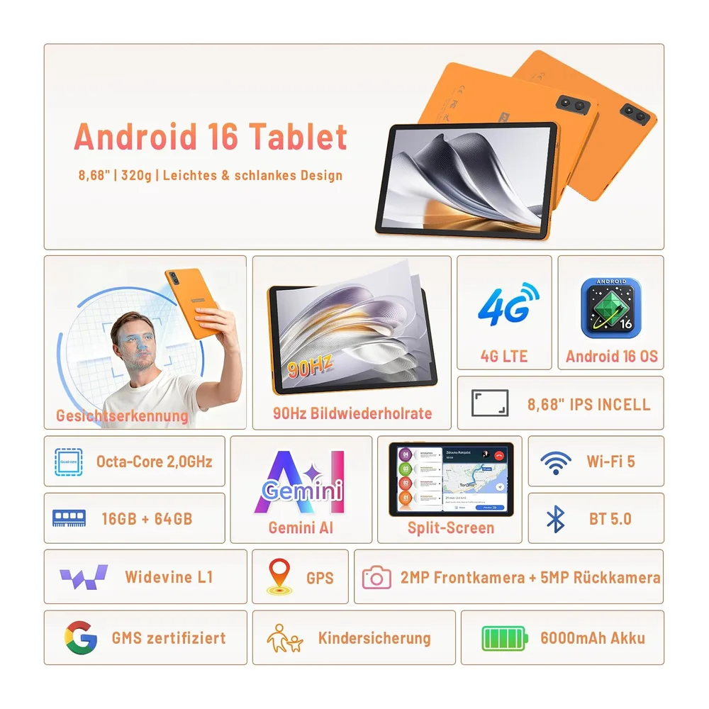 Android 16 Tablet 8,7 pollici, 4G LTE Tablet con SIM, WiFi 5, 16 GB RAM + 64 GB, fino a 2 TB, Widevine L1, — 2