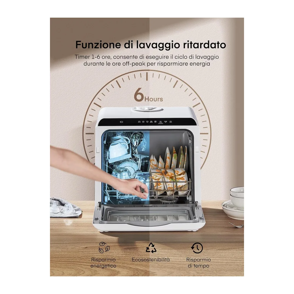 Mini Lavastoviglie da Tavolo, lavastoviglie portatile da 5L, 5+1 Programmi, Avvio Ritardato 1–6h, 2 Modi di — 4