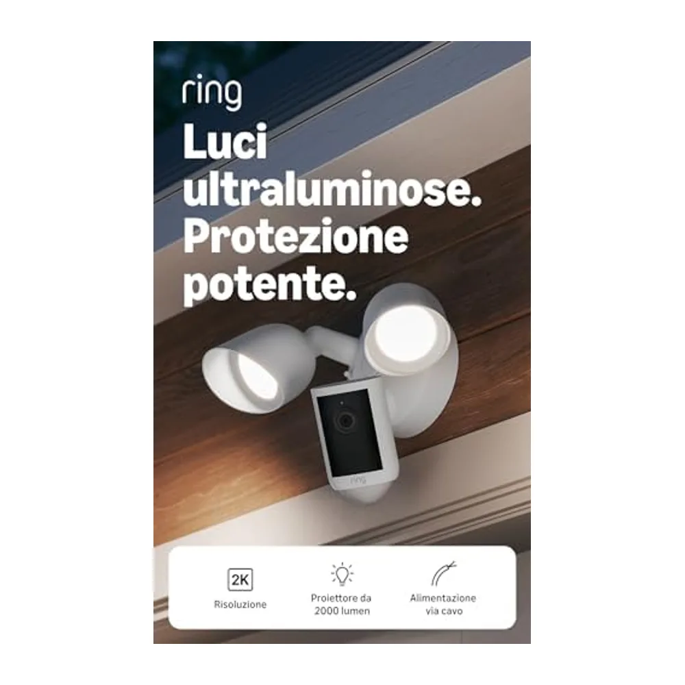 Ring Floodlight Camera 2K, Videocamera con proiettori, alimentazione via cavo (ultimo modello), video 2K,