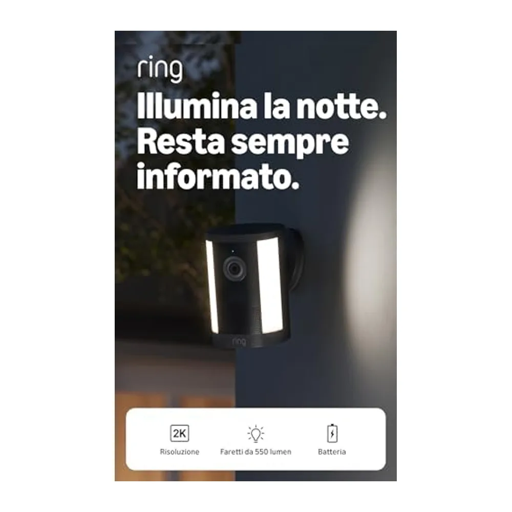 Ring Spotlight Camera 2K, Videocamera con faretti, a batteria (ultimo modello), video Retinal 2K, zoom 6x,