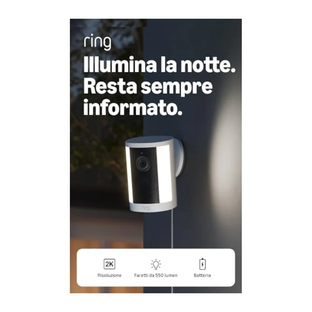 Ring Spotlight Cam 2K, Videocamera con faretti, plug-in (ultimo modello), video Retinal 2K, zoom 6x, faretti