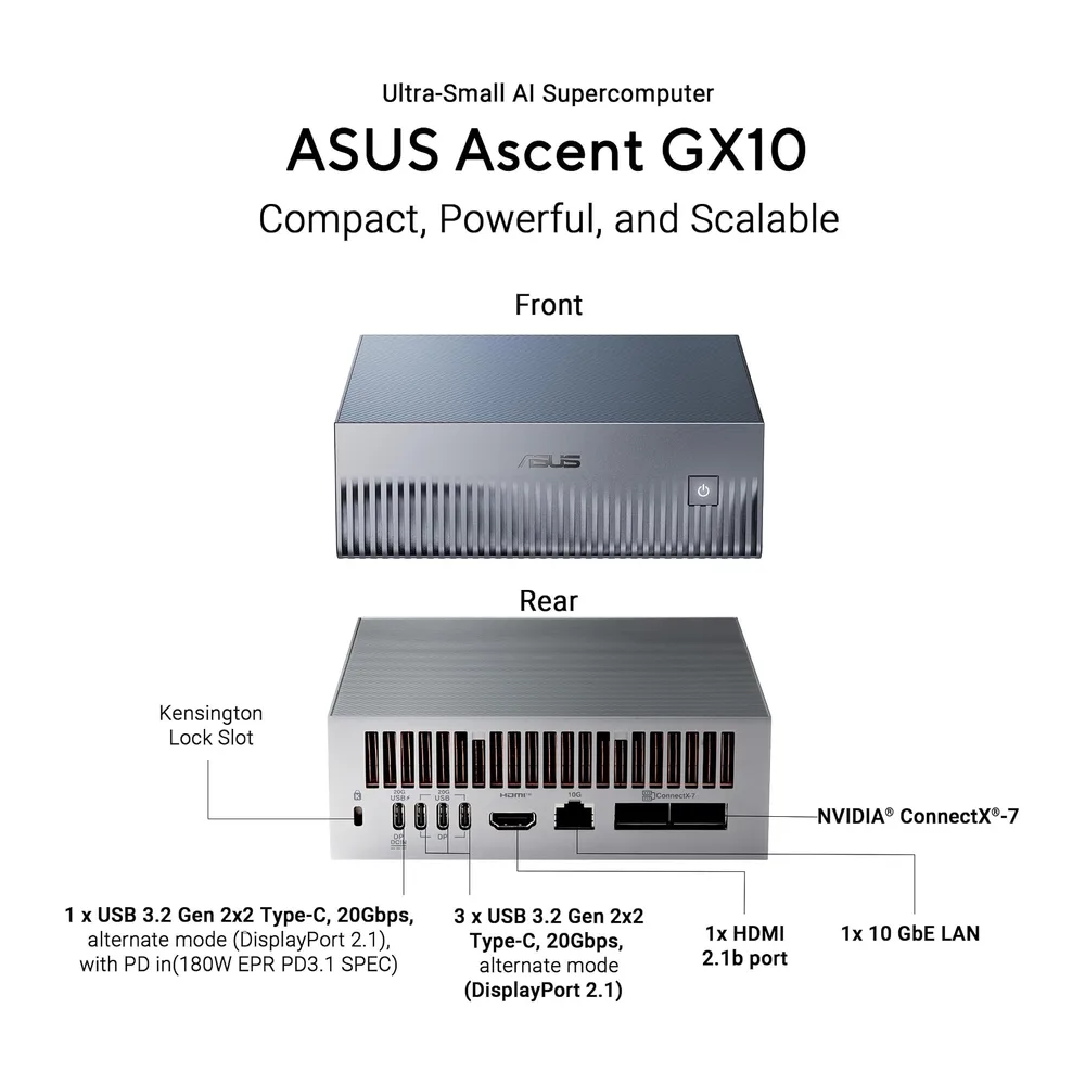 ASUS GX10, Computer Desktop NVIDIA GB10 e NVIDIA DGX, 128GB LPDDR5x, Grigio — 3
