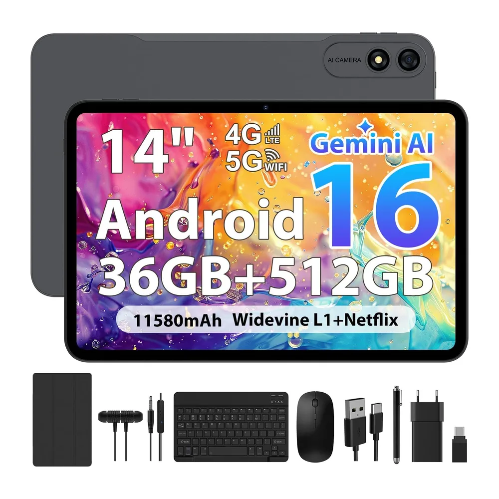 14 Pollici Android 16 Tablet, 4G LTE e 5G WiFi, Tablet in Offerta Octa-Core, 36GB RAM+512GB ROM (1TB TF),