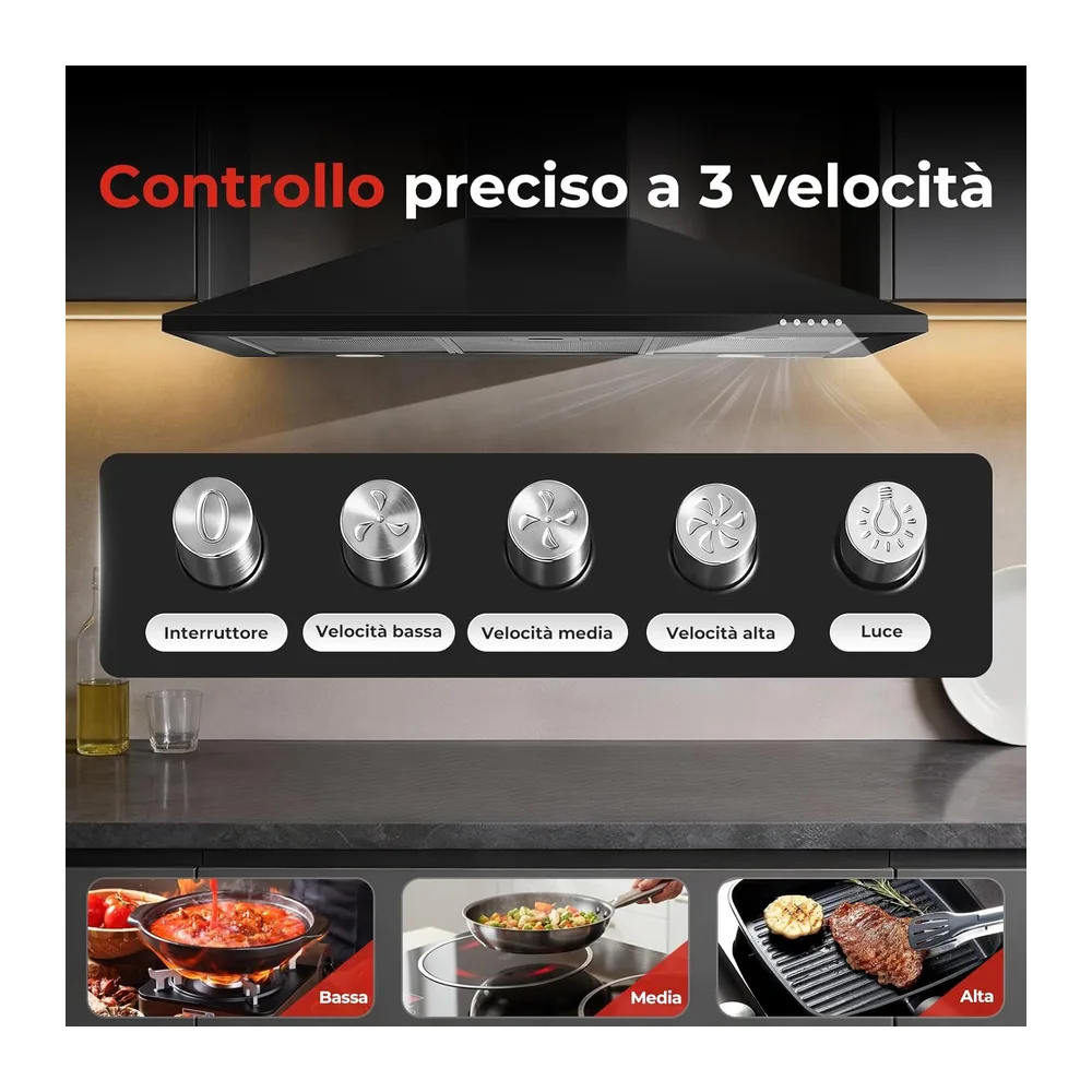 SNDOAS Cappa Cucina 90cm Nero, A+++ Cappa Aspirante con LED, Scarico/Ricircolo, 450 m³/h Cappa 90cm, Filtro a — 3