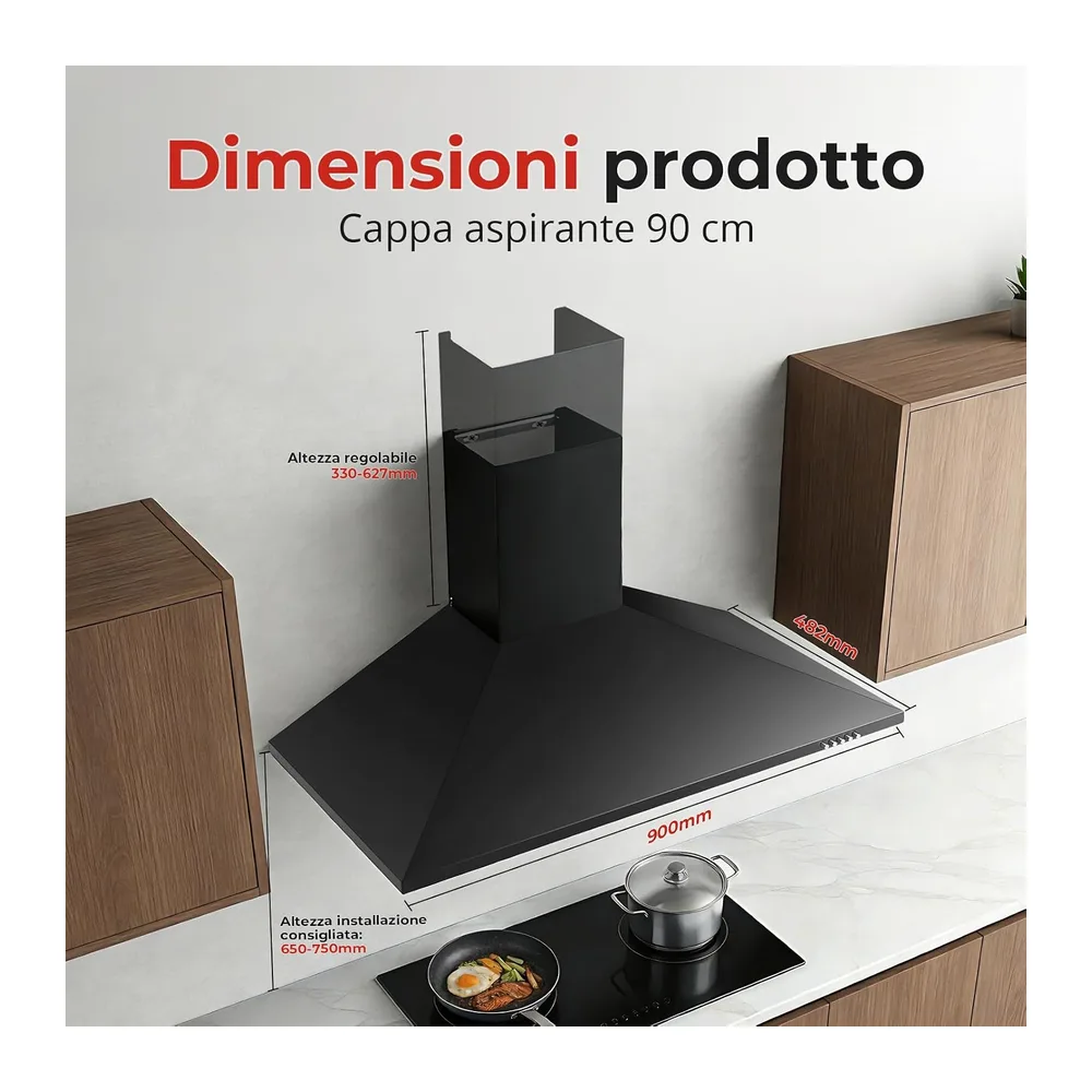 SNDOAS Cappa Cucina 90cm Nero, A+++ Cappa Aspirante con LED, Scarico/Ricircolo, 450 m³/h Cappa 90cm, Filtro a — 4