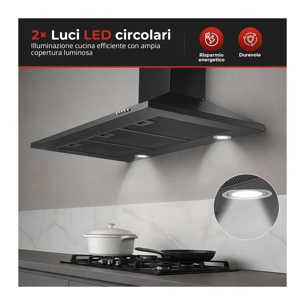 SNDOAS Cappa Cucina 90cm Nero, A+++ Cappa Aspirante con LED, Scarico/Ricircolo, 450 m³/h Cappa 90cm, Filtro a — 5
