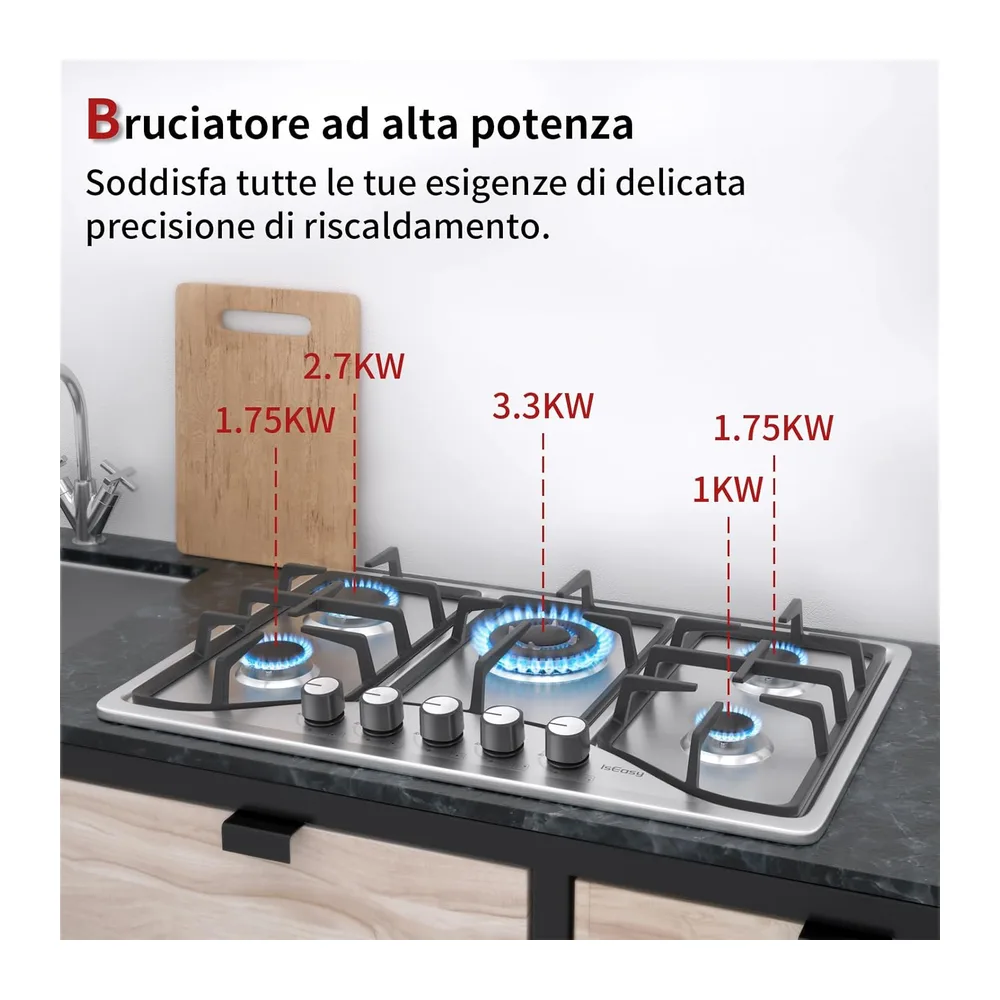 Piano Cottura a Gas, 5 Zone di Cottura, Larghezza 76cm, Griglie in Ghisa, Accensione Integrata, Inox Anti — 2