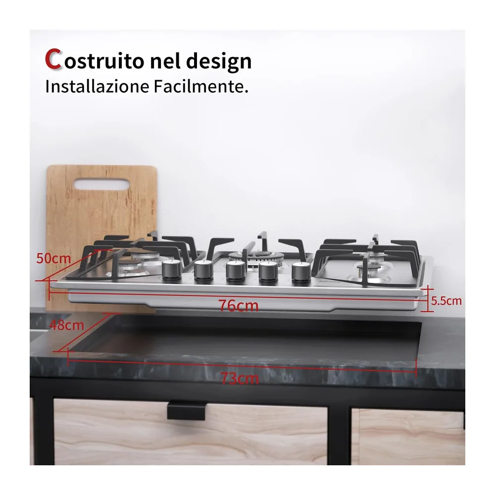 Piano Cottura a Gas, 5 Zone di Cottura, Larghezza 76cm, Griglie in Ghisa, Accensione Integrata, Inox Anti — 3