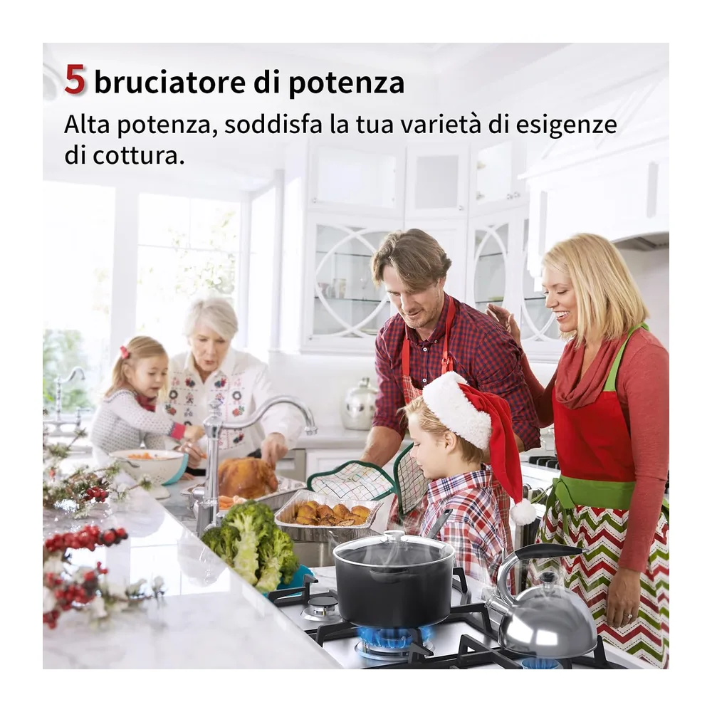 Piano Cottura a Gas, 5 Zone di Cottura, Larghezza 76cm, Griglie in Ghisa, Accensione Integrata, Inox Anti — 5