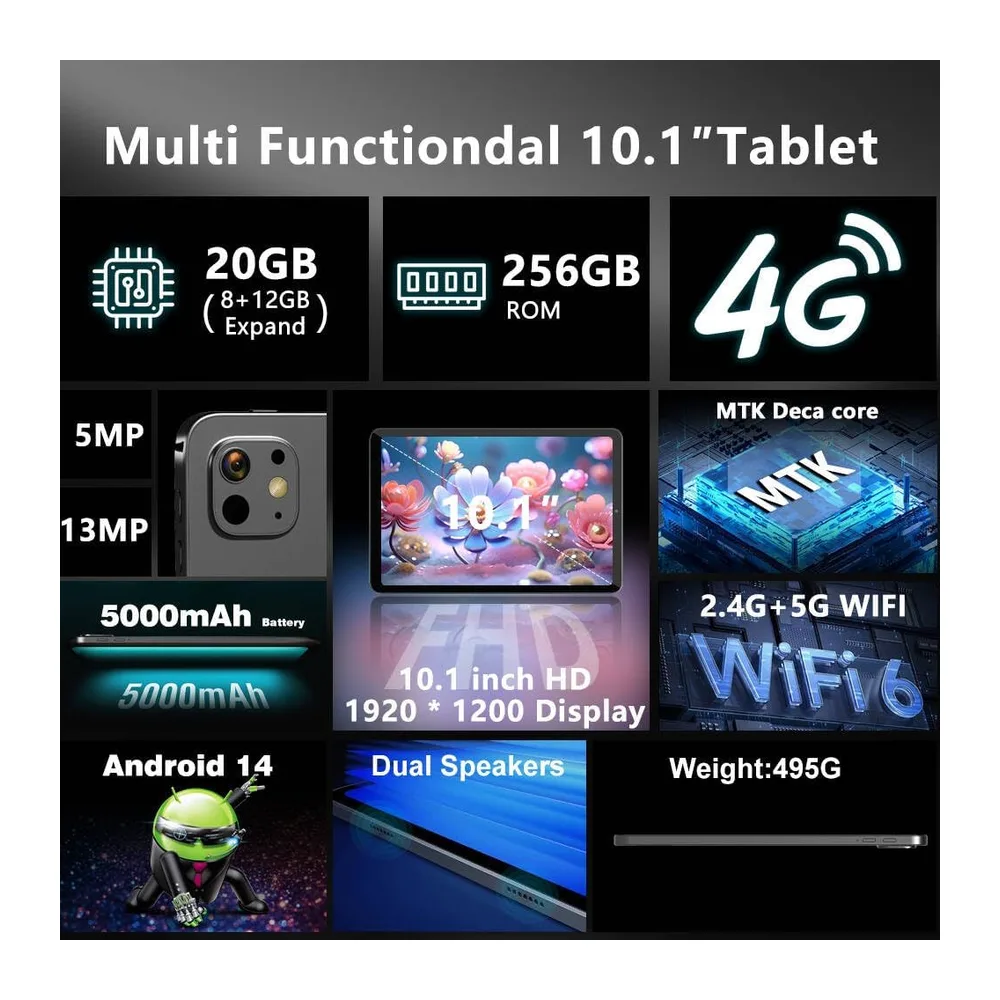 Crelander Tablet Android 14 da 10,1 pollici con slot per scheda SIM 4G LTE chiamate — 2