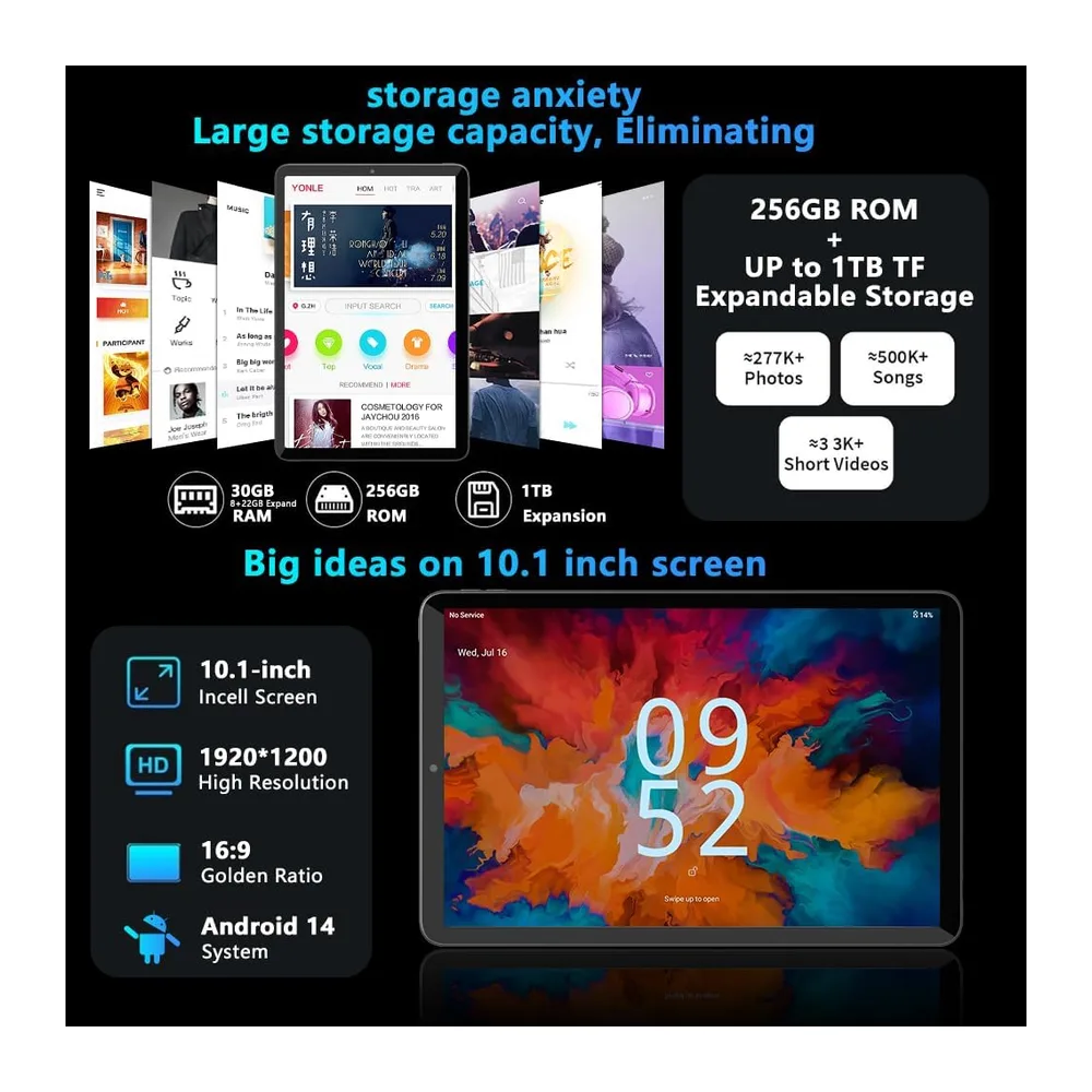 Crelander Tablet Android 14 da 10,1 pollici con slot per scheda SIM 4G LTE chiamate — 5