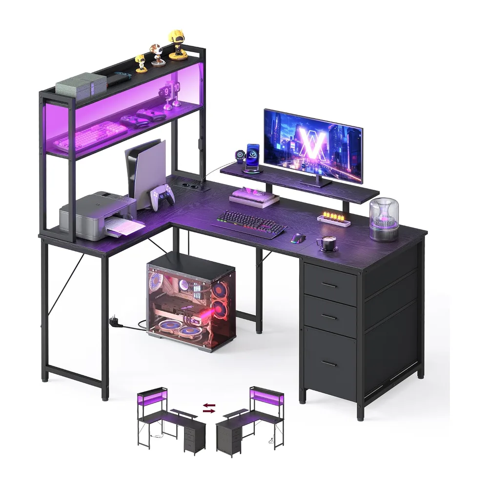 VASAGLE Scrivania Angolare, Scrivania da Gaming con Prese e Porte USB, Luci LED, 3 Cassetti, Supporto per