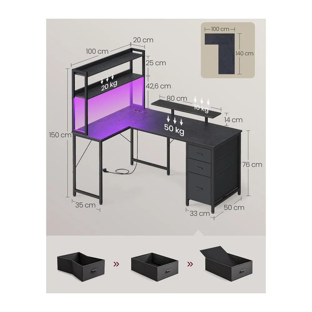 VASAGLE Scrivania Angolare, Scrivania da Gaming con Prese e Porte USB, Luci LED, 3 Cassetti, Supporto per — 2