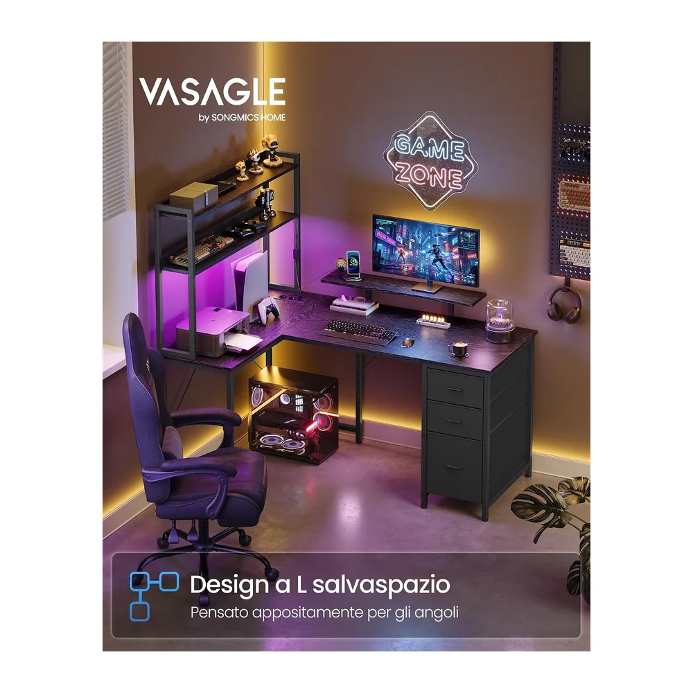VASAGLE Scrivania Angolare, Scrivania da Gaming con Prese e Porte USB, Luci LED, 3 Cassetti, Supporto per — 3