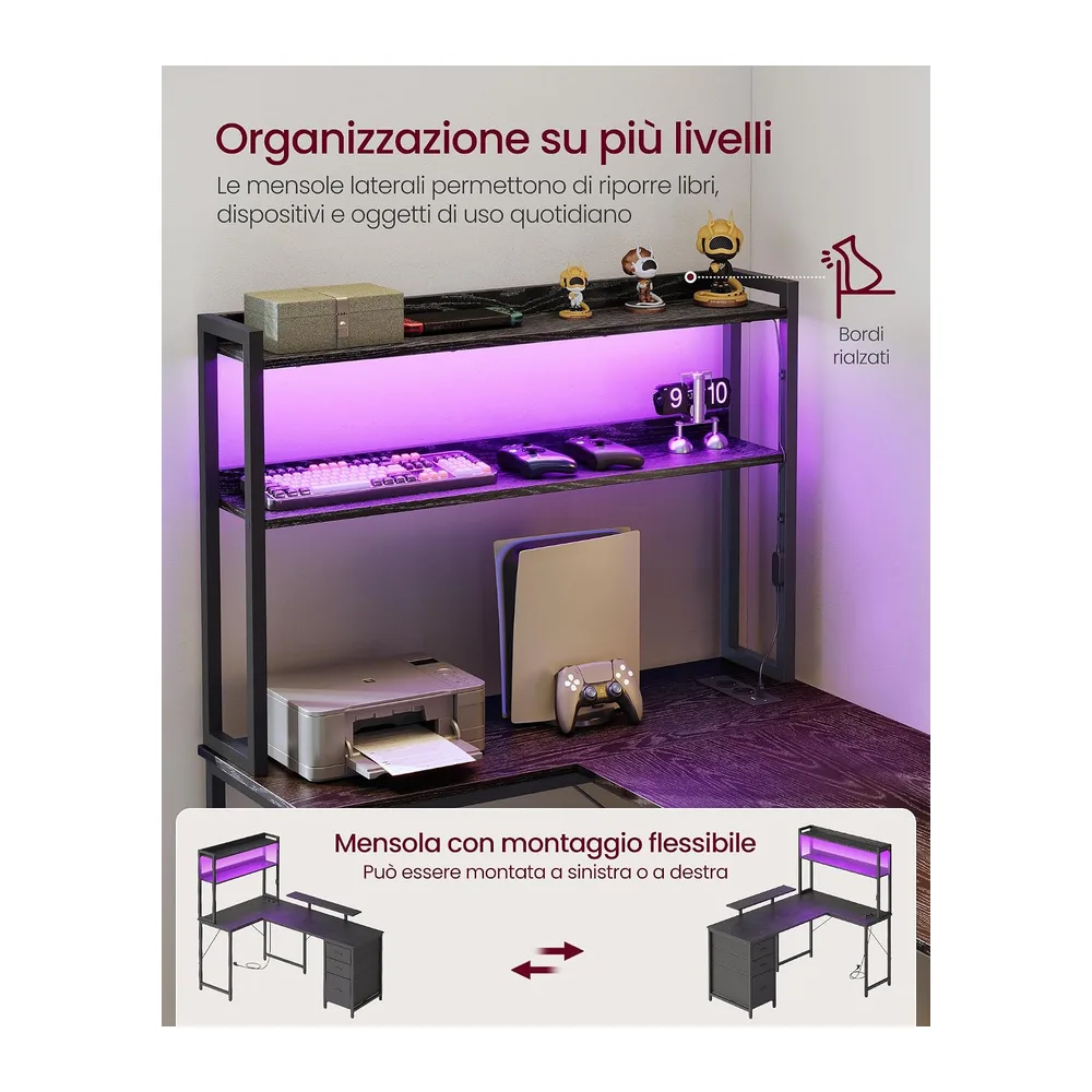 VASAGLE Scrivania Angolare, Scrivania da Gaming con Prese e Porte USB, Luci LED, 3 Cassetti, Supporto per — 5