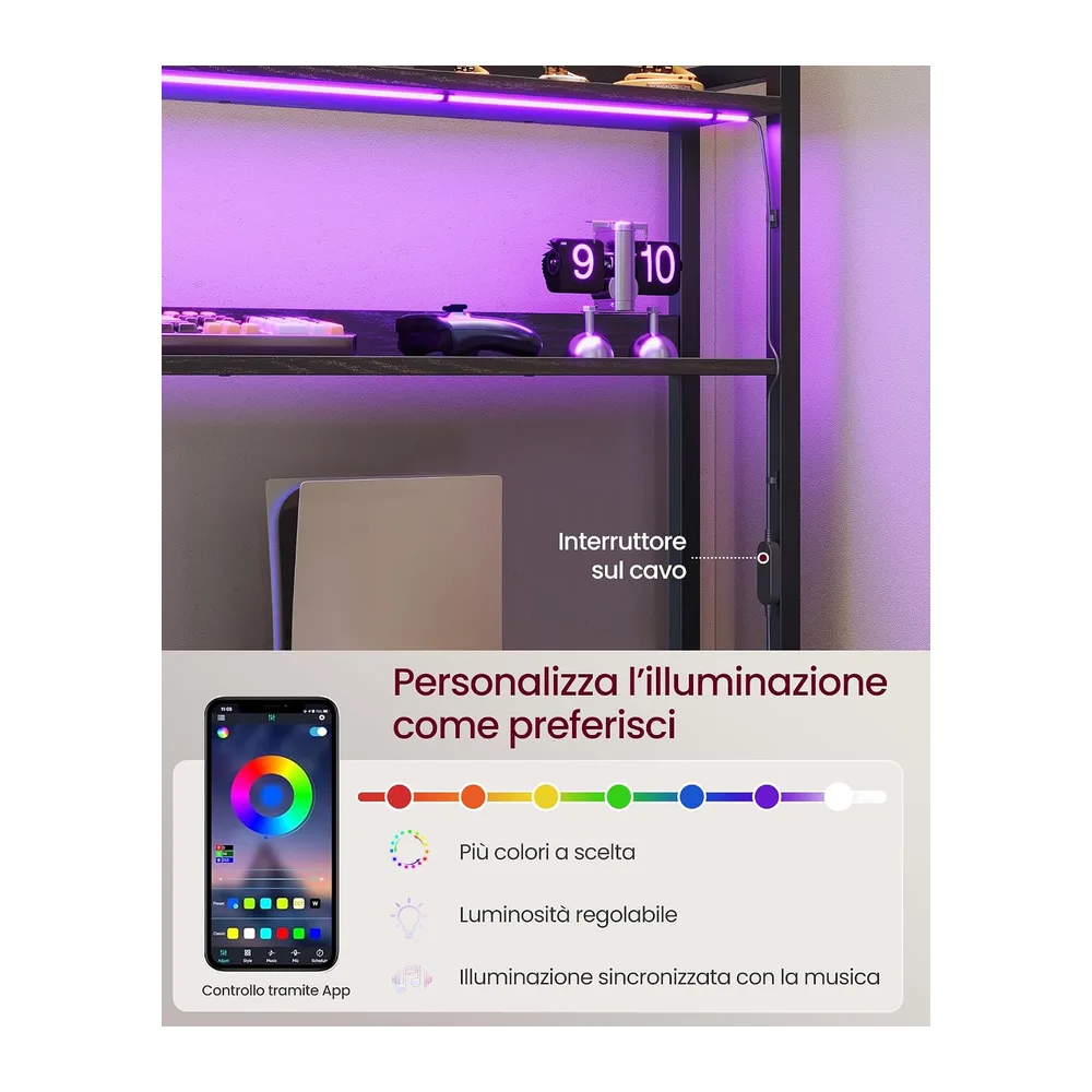 VASAGLE Scrivania Angolare, Scrivania da Gaming con Prese e Porte USB, Luci LED, 3 Cassetti, Supporto per — 6