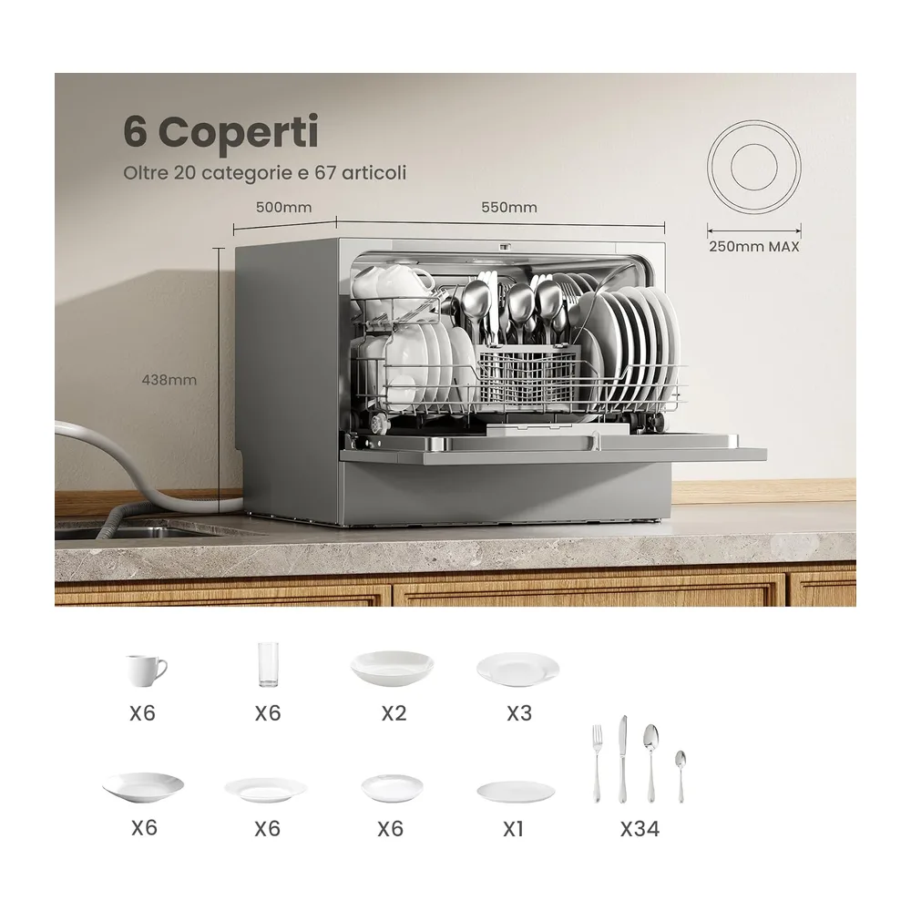 COMFEE Lavastoviglie Piccola, 6 Coperti, 6 Programmi di Lavaggio, Argento [Classe di efficienza energetica D] — 4