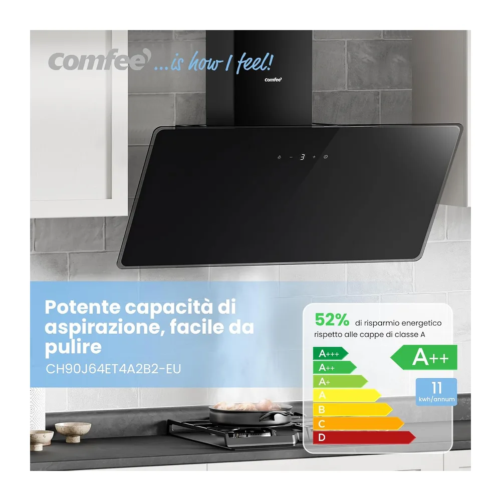 COMFEE Cappa Aspirante 90cm Cappa Cucina 620m³/h Controllo Touch Nero [Classe di efficienza energetica A++] — 3