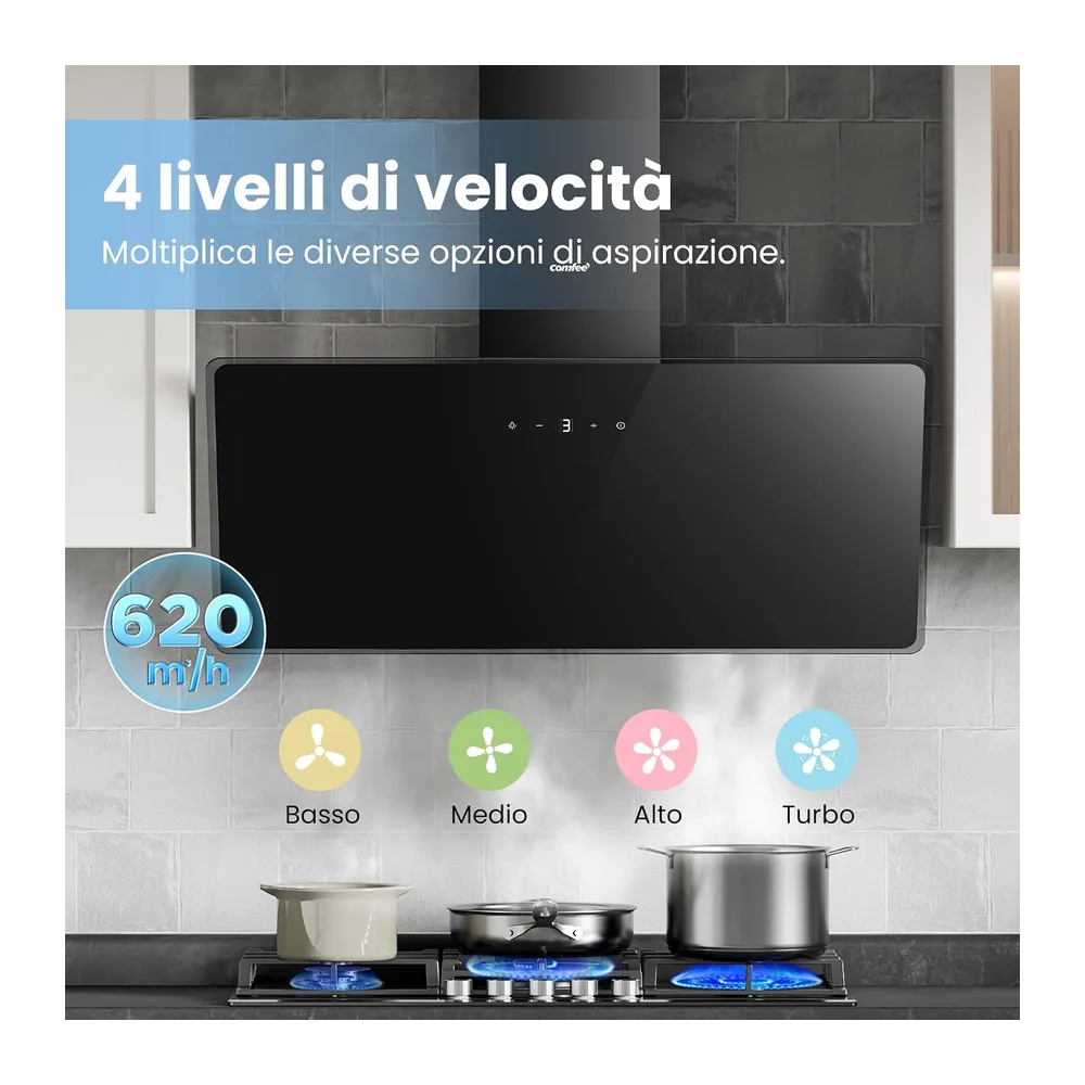 COMFEE Cappa Aspirante 90cm Cappa Cucina 620m³/h Controllo Touch Nero [Classe di efficienza energetica A++] — 4