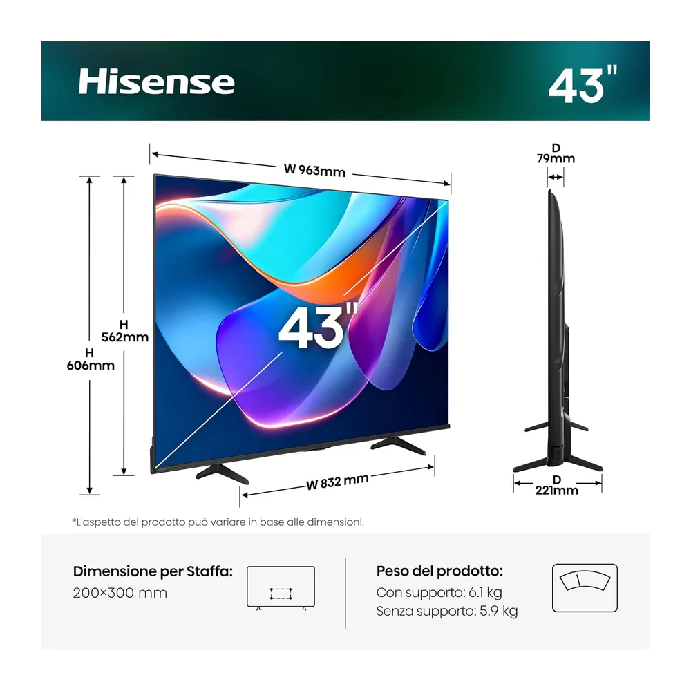 Hisense Smart TV 43" 4K Ultra HD 43E6ST [Classe di efficienza energetica E] — 2