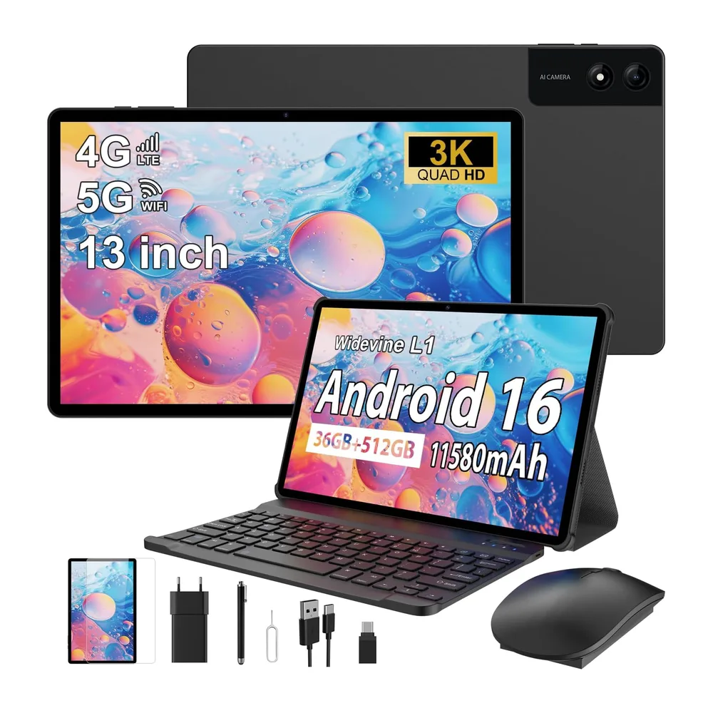 3K Tablet 13 Pollici Android 16 con 36GB RAM+512GB ROM(TF 2TB)