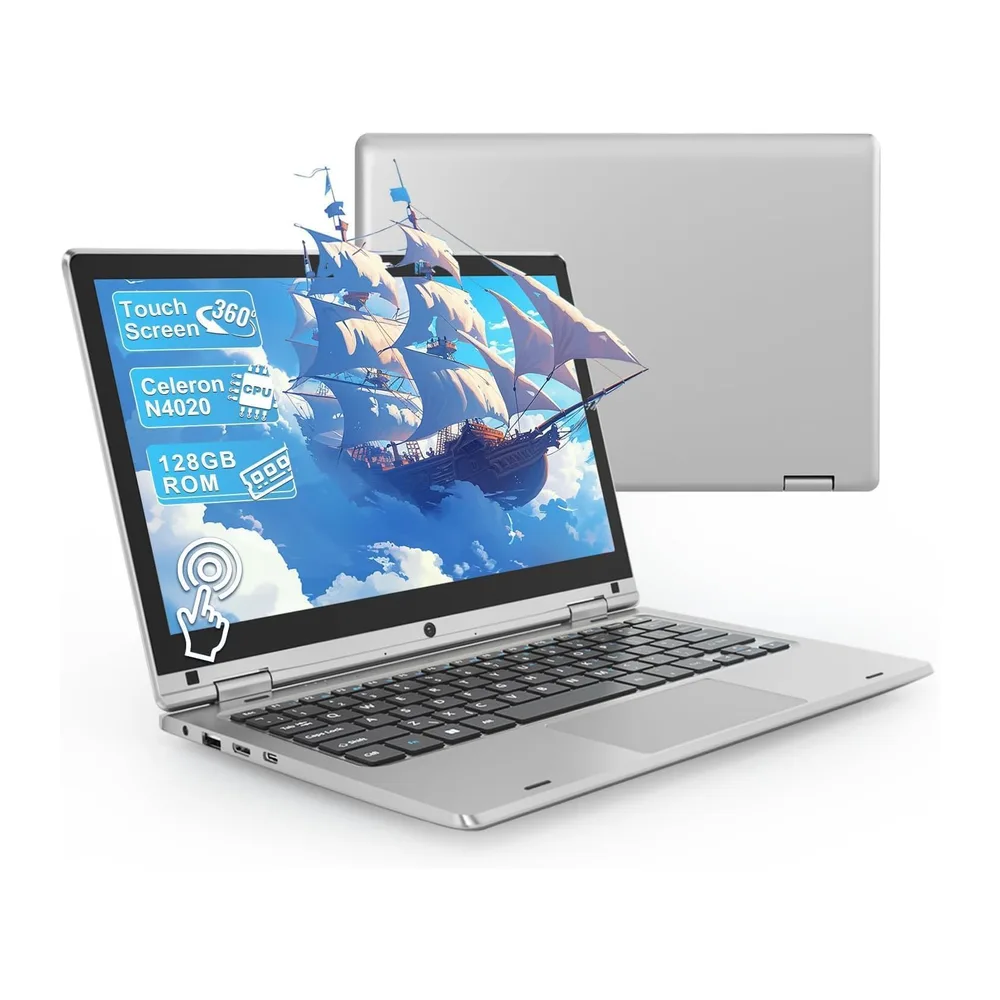 PINSTONE 11,6 Pollici Laptop - Celeron N4020 6 GB di RAM 128 GB di SSD, PC portatile touch pieghevole a 360°,
